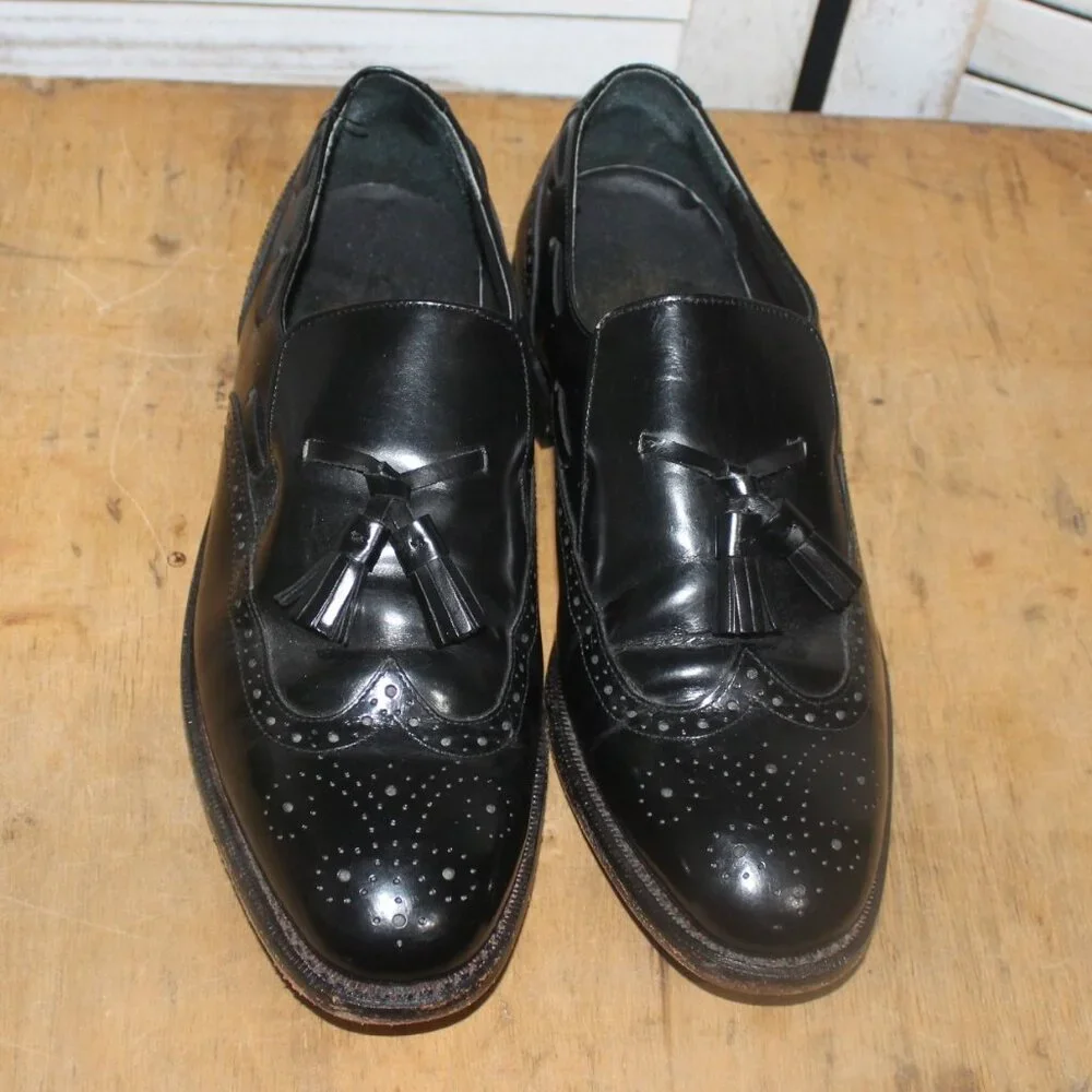 Oakton Tassel Loafers Men's 8D Black Leather Dress Shoes Wingtip Fringe Slip-On